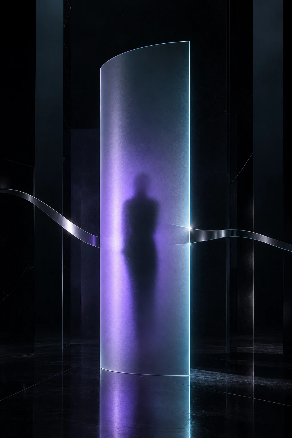 Fluid chrome form reflecting violet and cyan light
