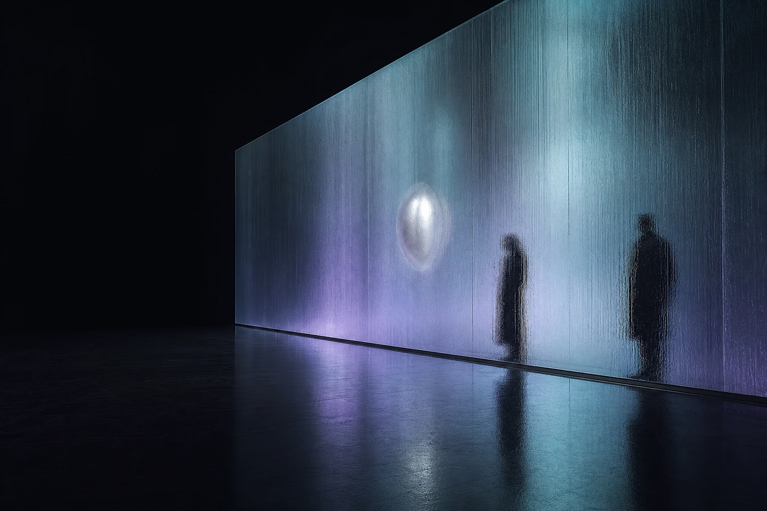 Surreal reflective architecture with a cyan horizon