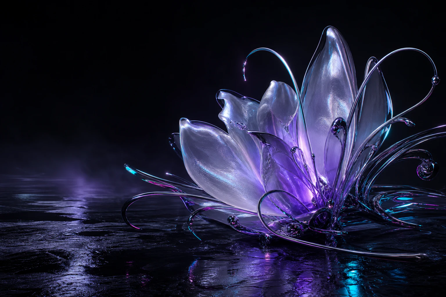 Translucent violet botanical sculpture in a dark environment